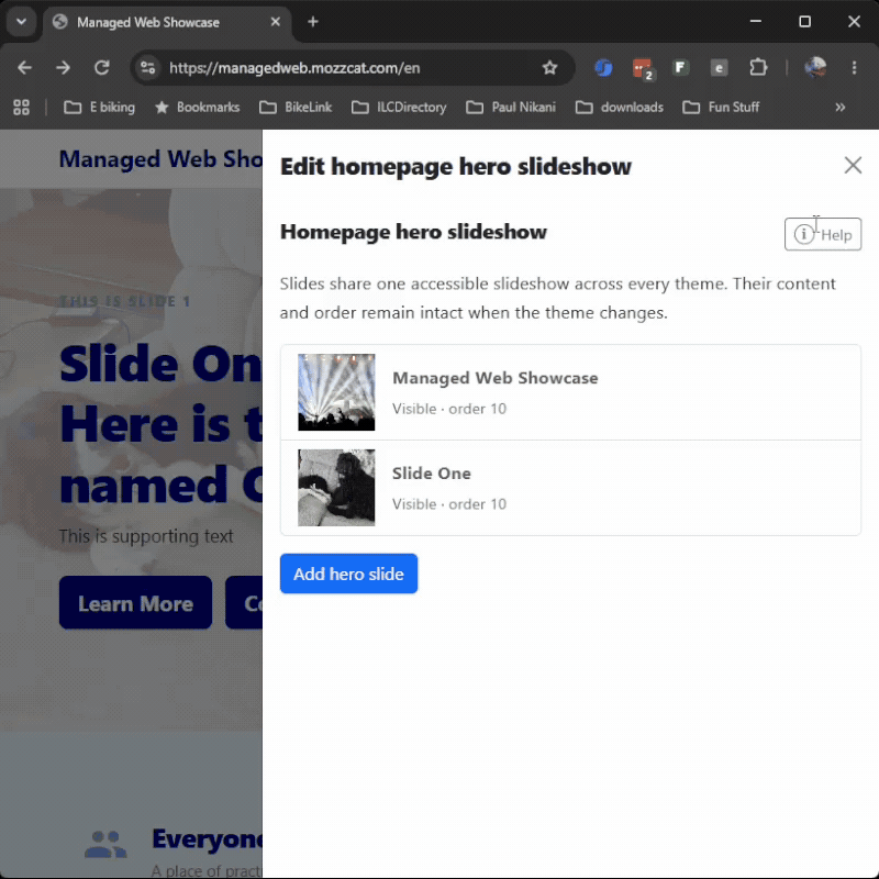 Demonstration of adding a slide to a managed website